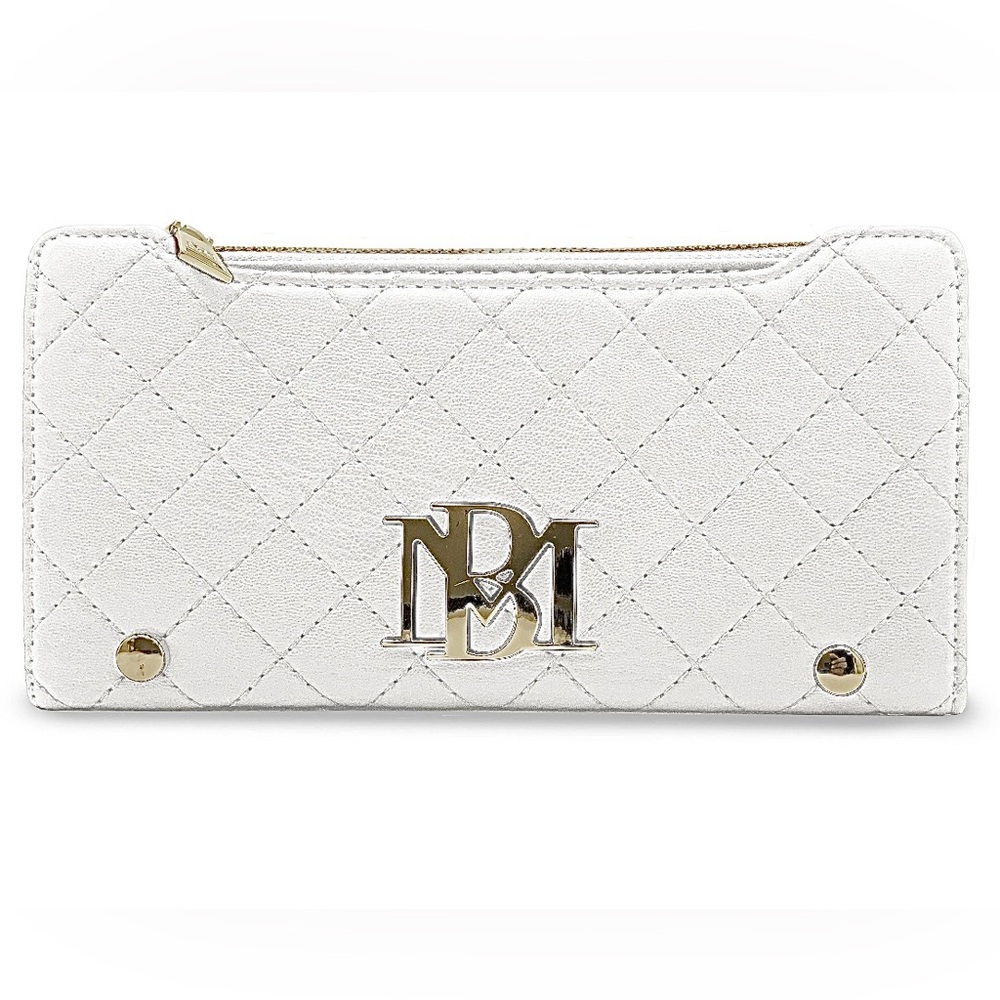 Badgley Mischka Sleek White Card Wallet with Exquisite Gold Hardware